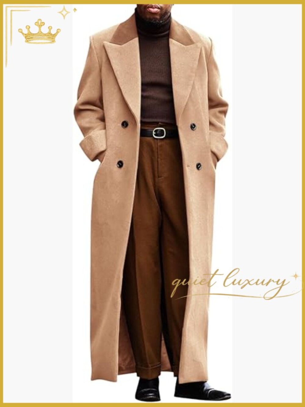 Mens Full Length Trench Coat Notched Lapel Double Breasted Winter Overcoat